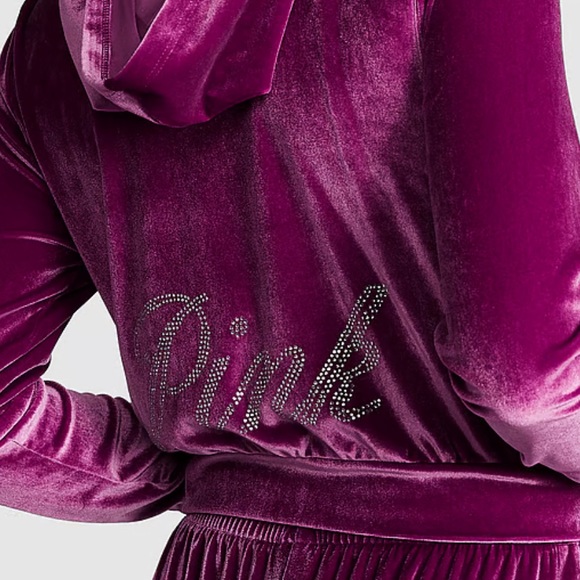 PINK VELOUR SHINE LOGO FULL-ZIP CROP HOODIE - Picture 2 of 2